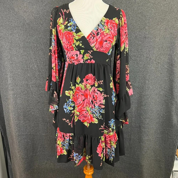 Y2K Betsey Johnson Iconic Bambi Kimono Sleeve Ruffle Dress Black Pink Roses Vint - Picture 2 of 7
